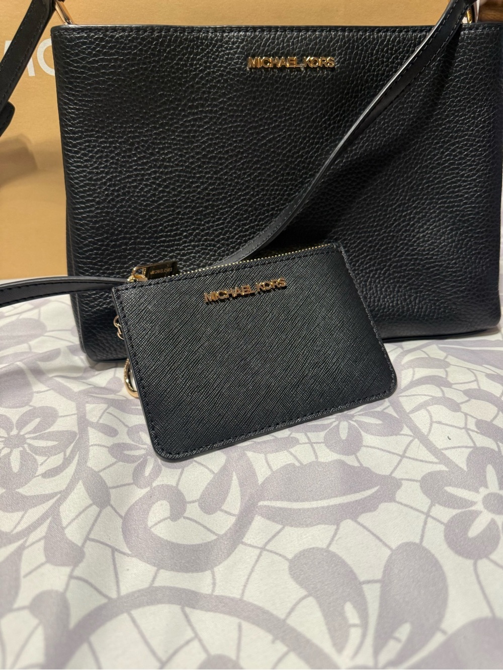 Michael Kors Black Pebbled & Saffiano Crossbody with Card Pouch